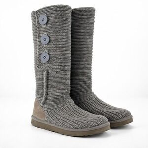 UGG Cardy Sweater Boots Women 9 Grey Knit Tall 3-Button Convertible Slouchy
